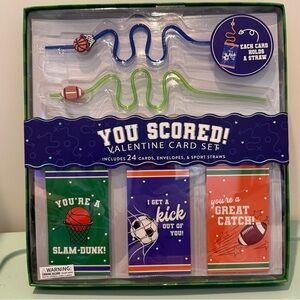 Cute Valentine Card Set with Sport Straws- 24 Cards, Straws, and Envelopes- NWT